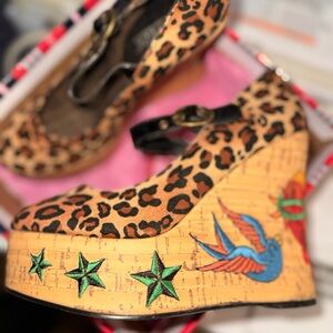 Hustler Leopard Print Rockabilly Wedges with Embroidered Details